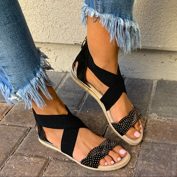 Black Elasticize Straps Studs Vamp Espadrille Flat - Picture 4 of 6